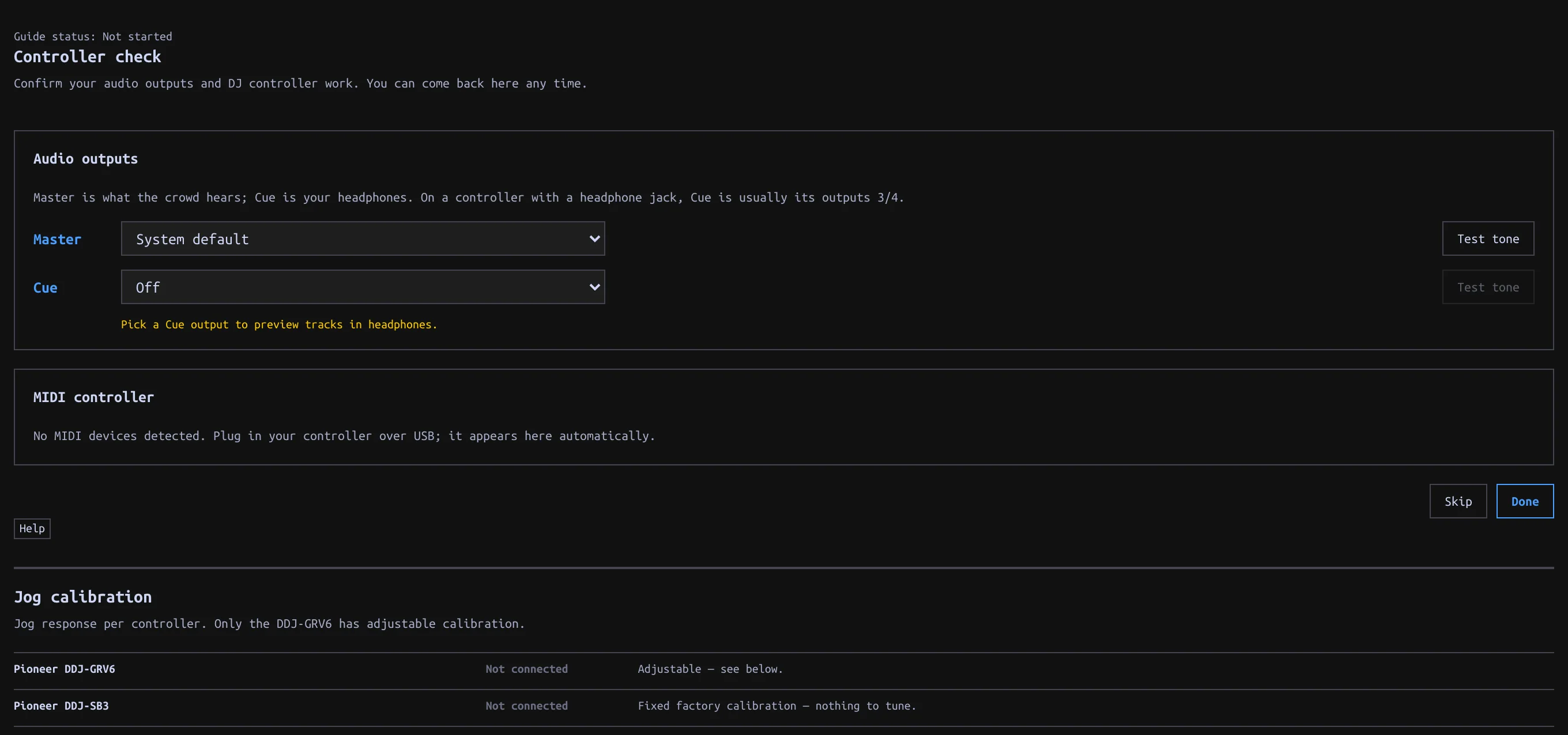 Controller check with output choices and connection status in the sandbox app