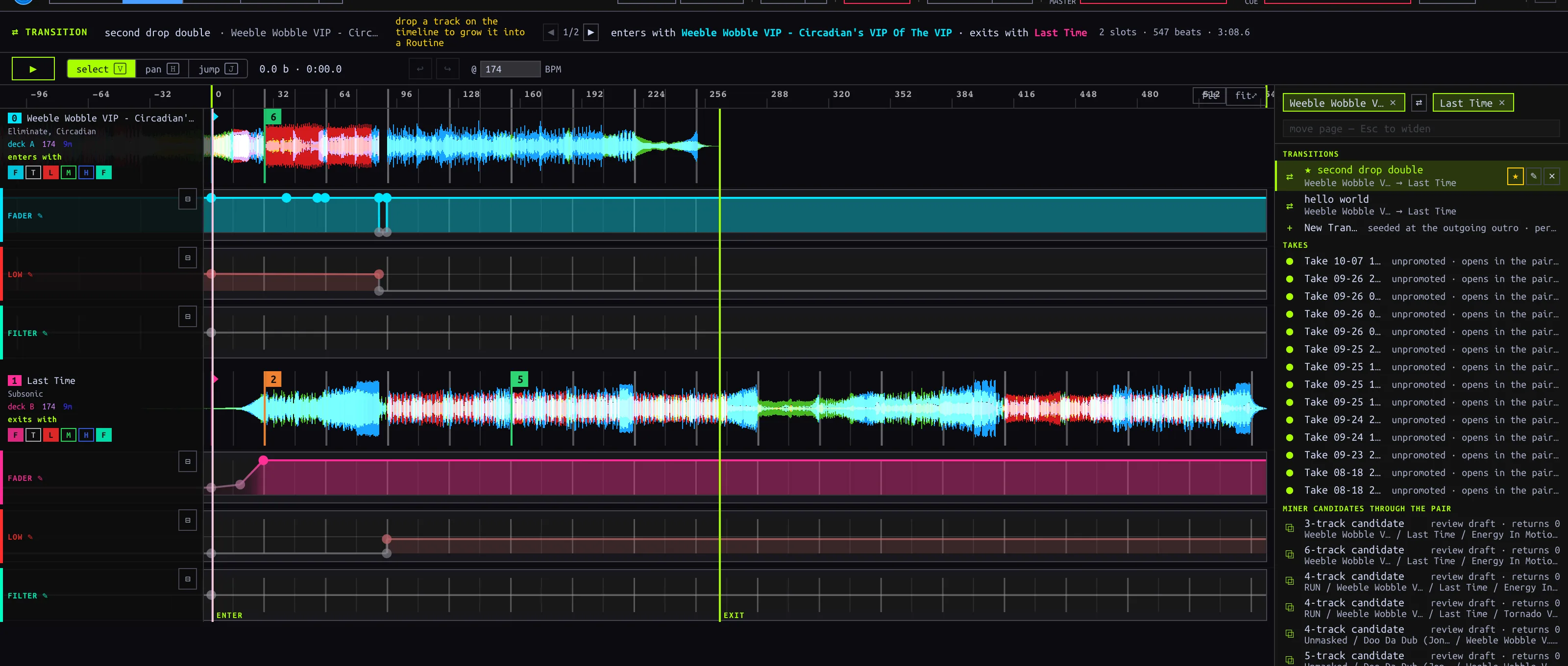 The picker beside an open Transition and its slot timeline.
