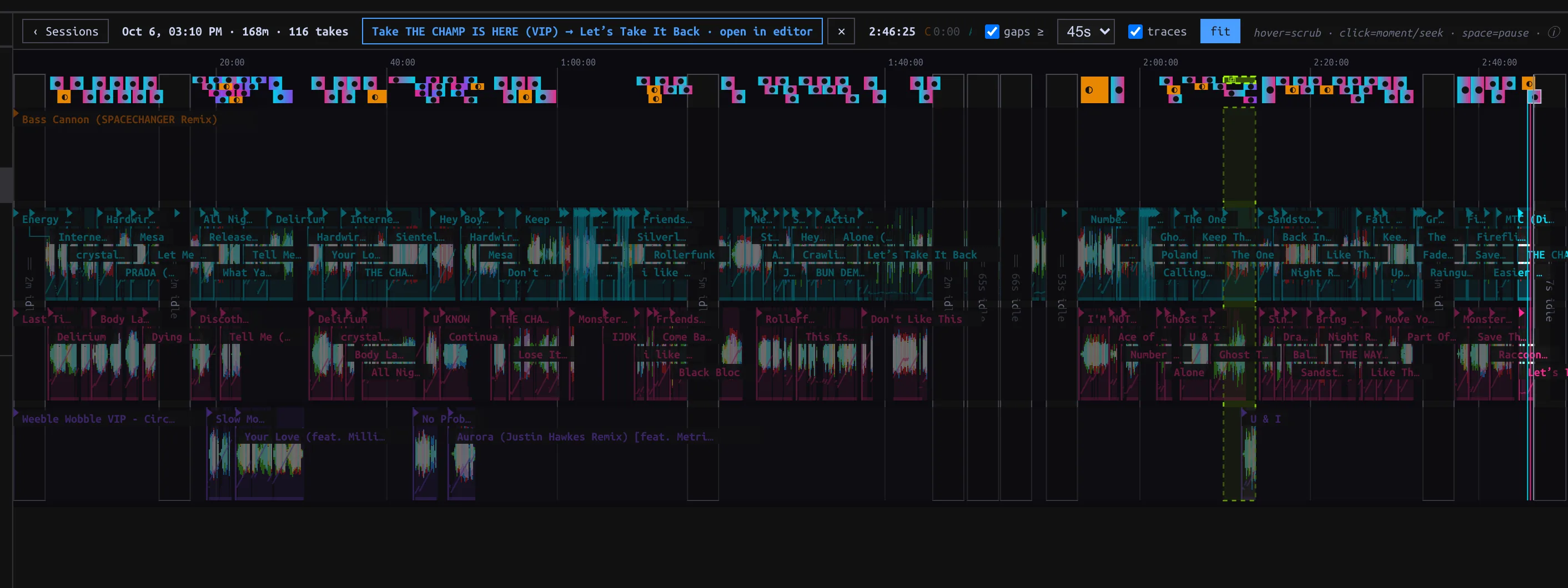A Session timeline with Deck lanes and a selected Take.