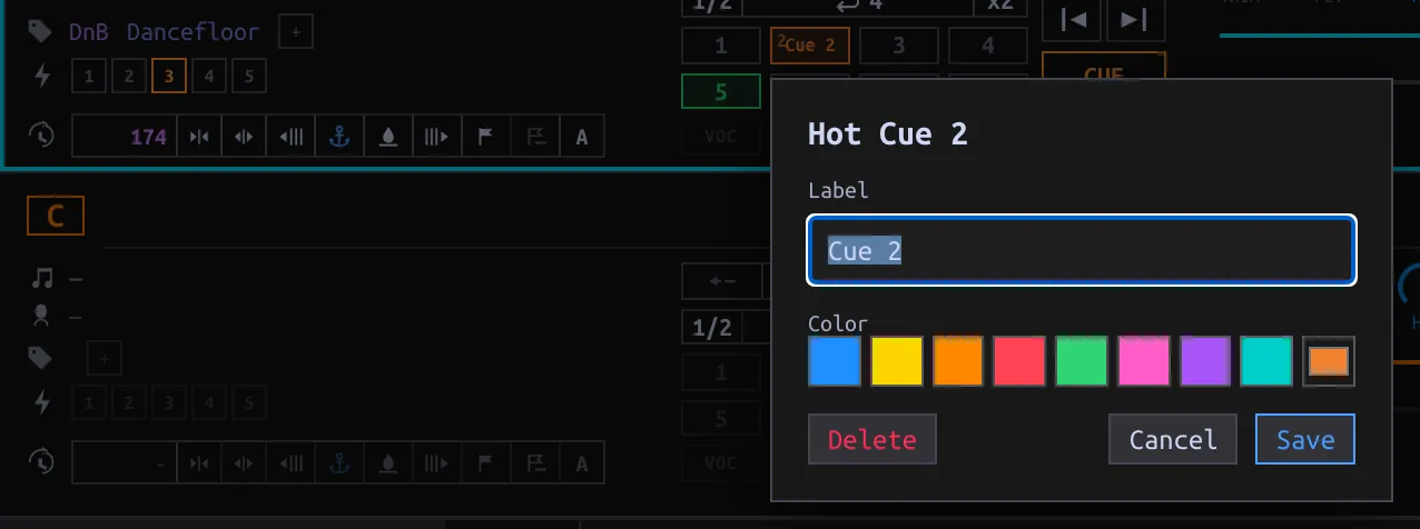 Right-click a set Hot Cue to edit its label and choose a color; BPM/grid/Analyze row remains visible behind the editor