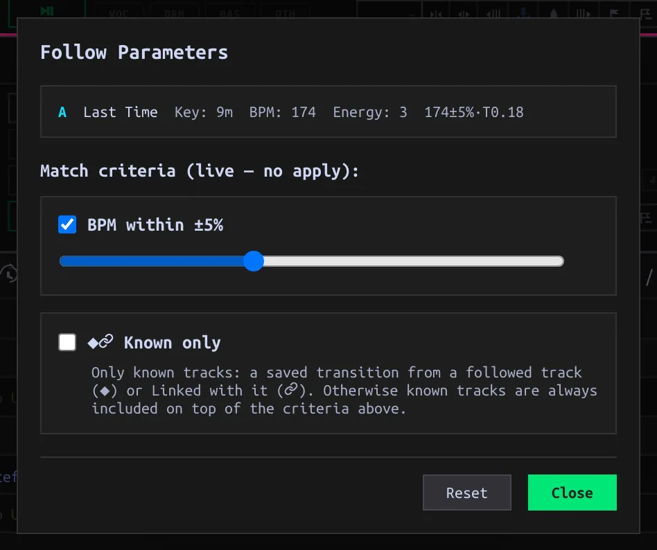 Follow parameters, including live BPM tolerance and Known-only control
