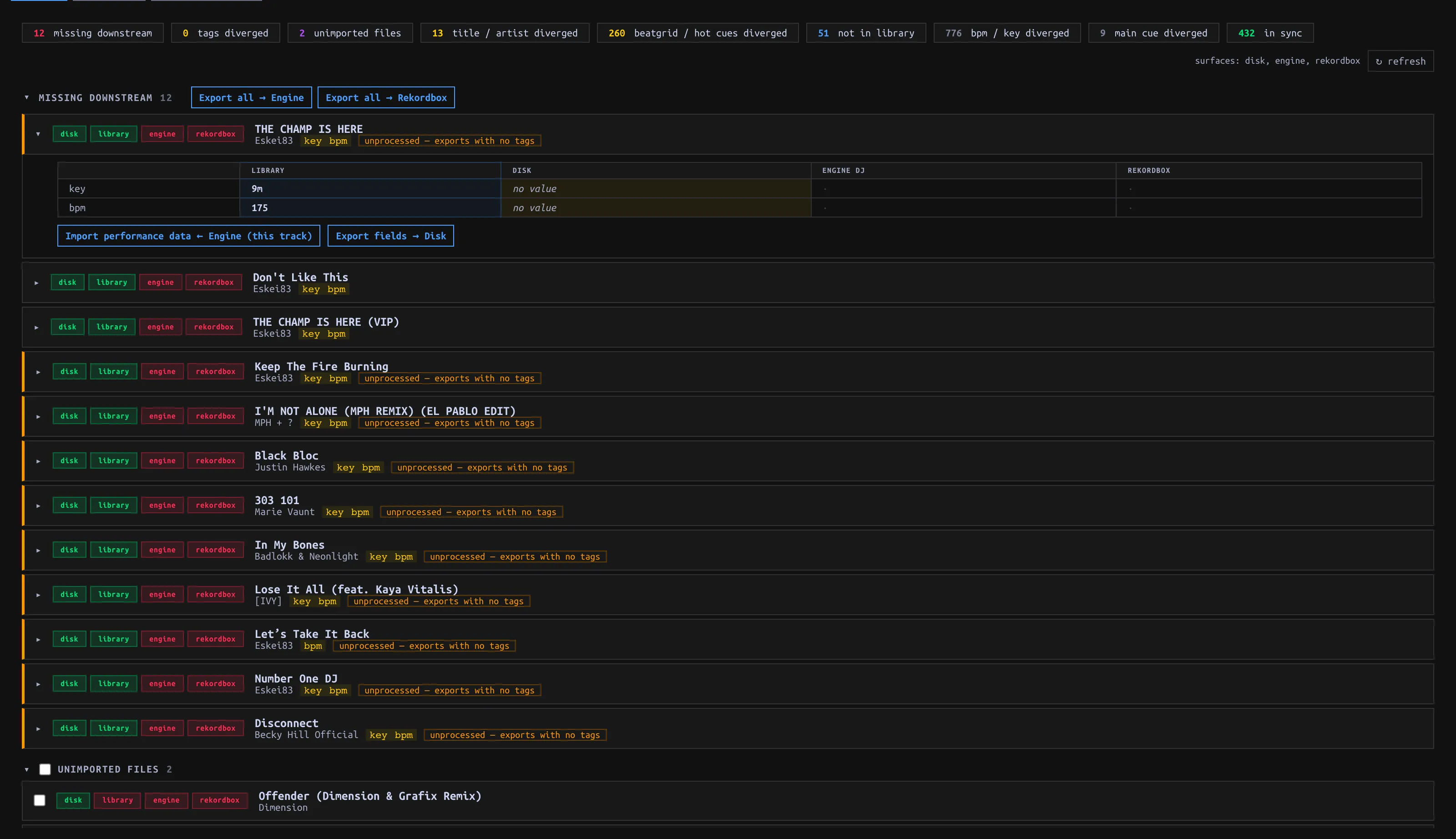 Expanded Track comparison across Library, Disk, Engine DJ and Rekordbox