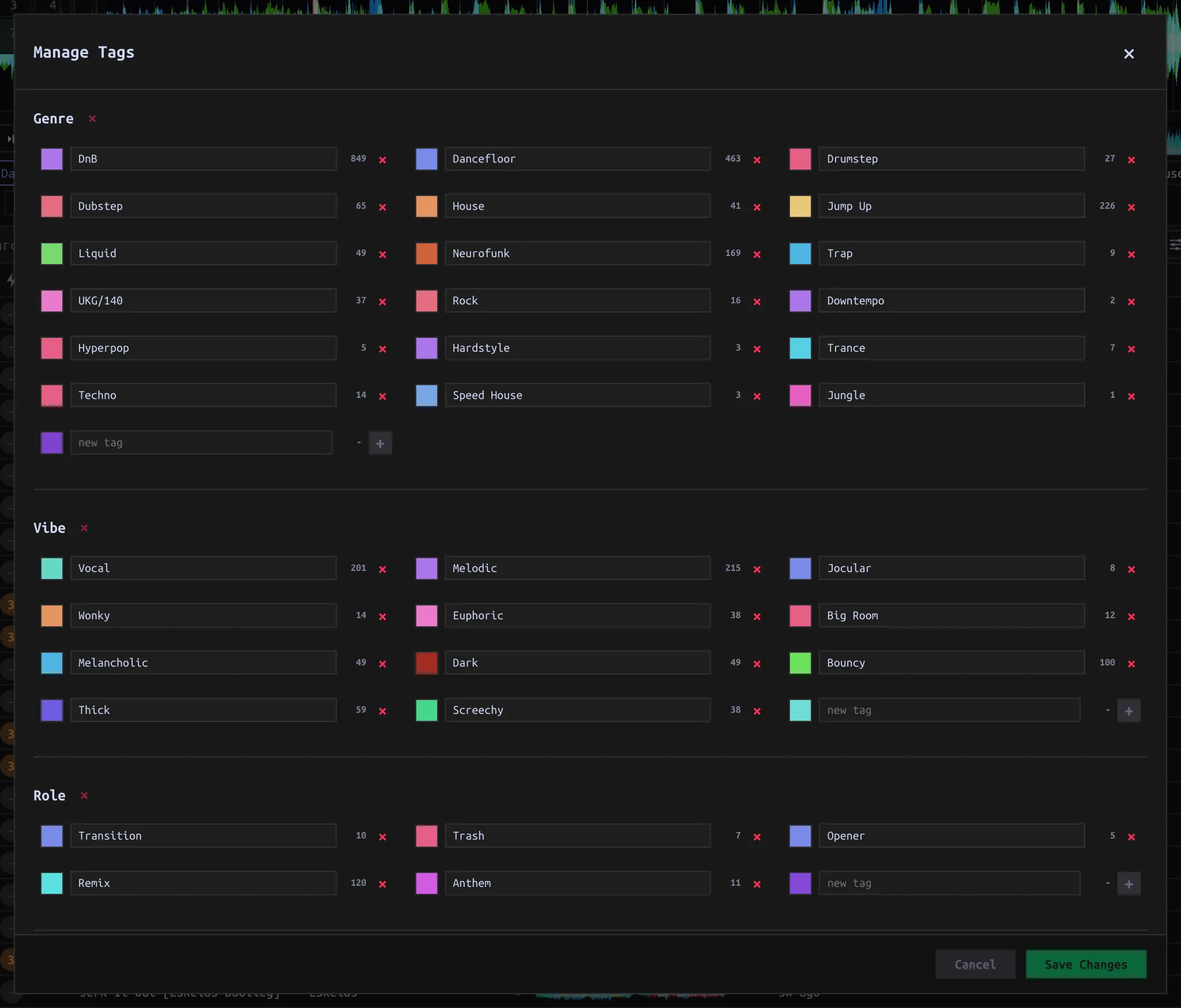Manage Tags with Category sections, Tag color swatches and Save Changes